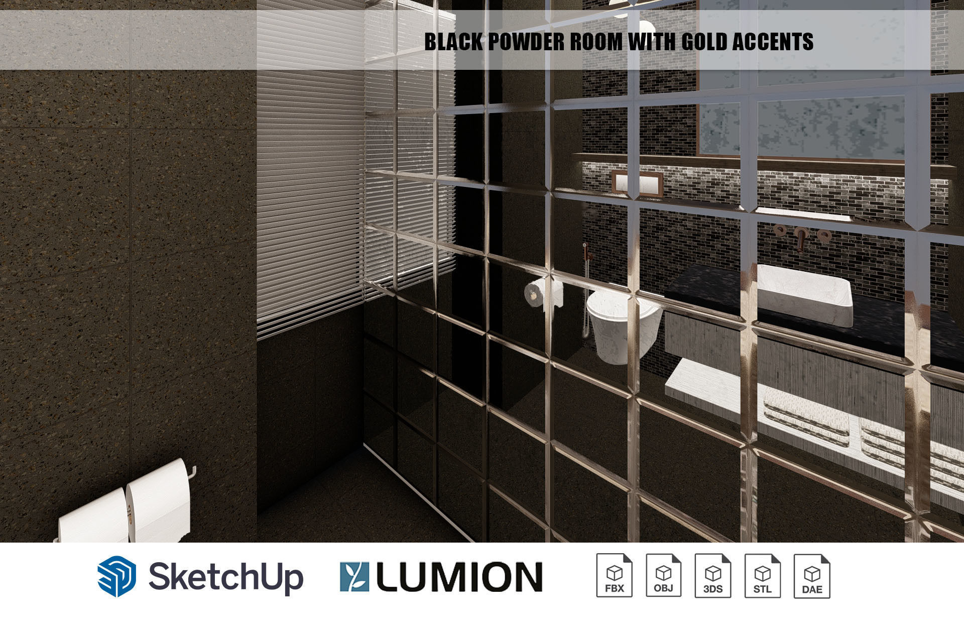 Black powder room with gold accents interior scene 3D model CGTrader