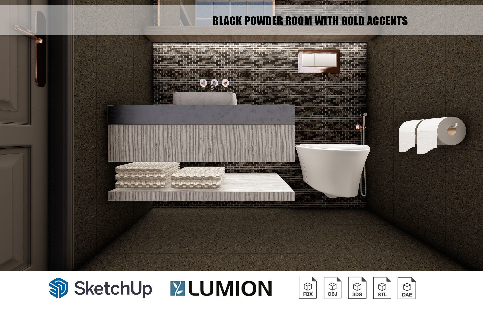 Black powder room with gold accents interior scene 3D model CGTrader