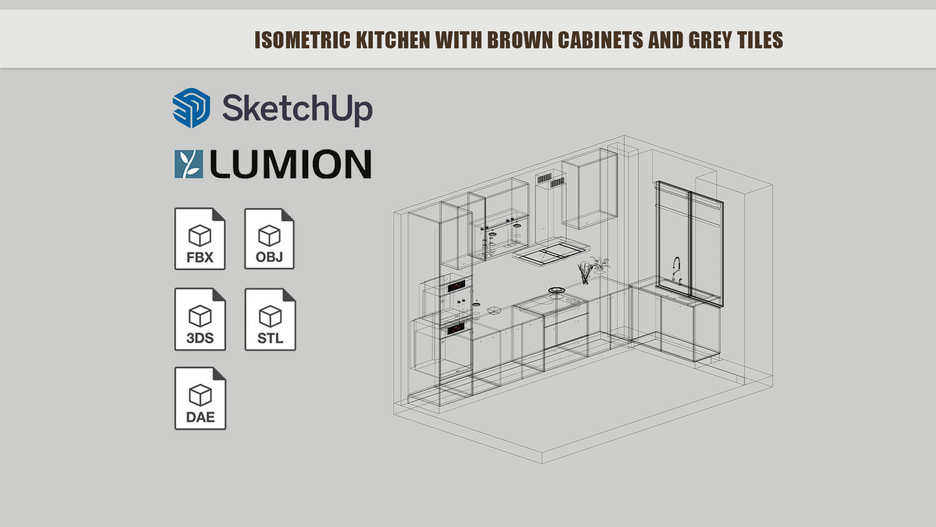 Isometric kitchen with brown cabinets and grey tiles 3D model | CGTrader