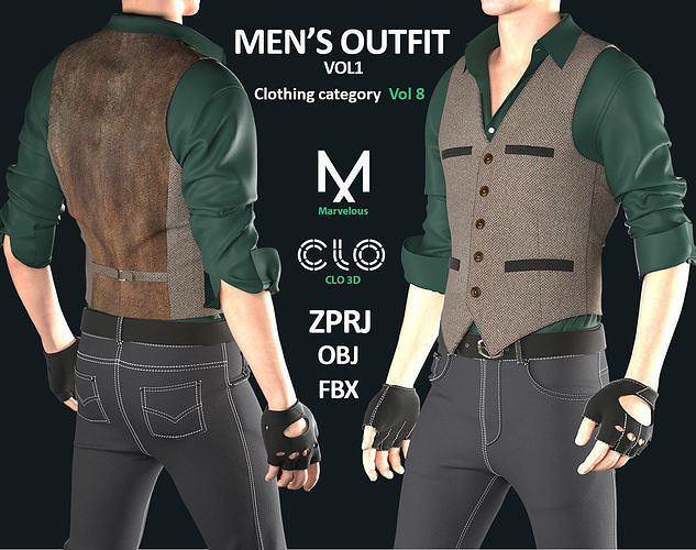 MENS OUTFIT1 Marvelous CLO Project file ZPRJ OBJ FBX Format 3D model ...