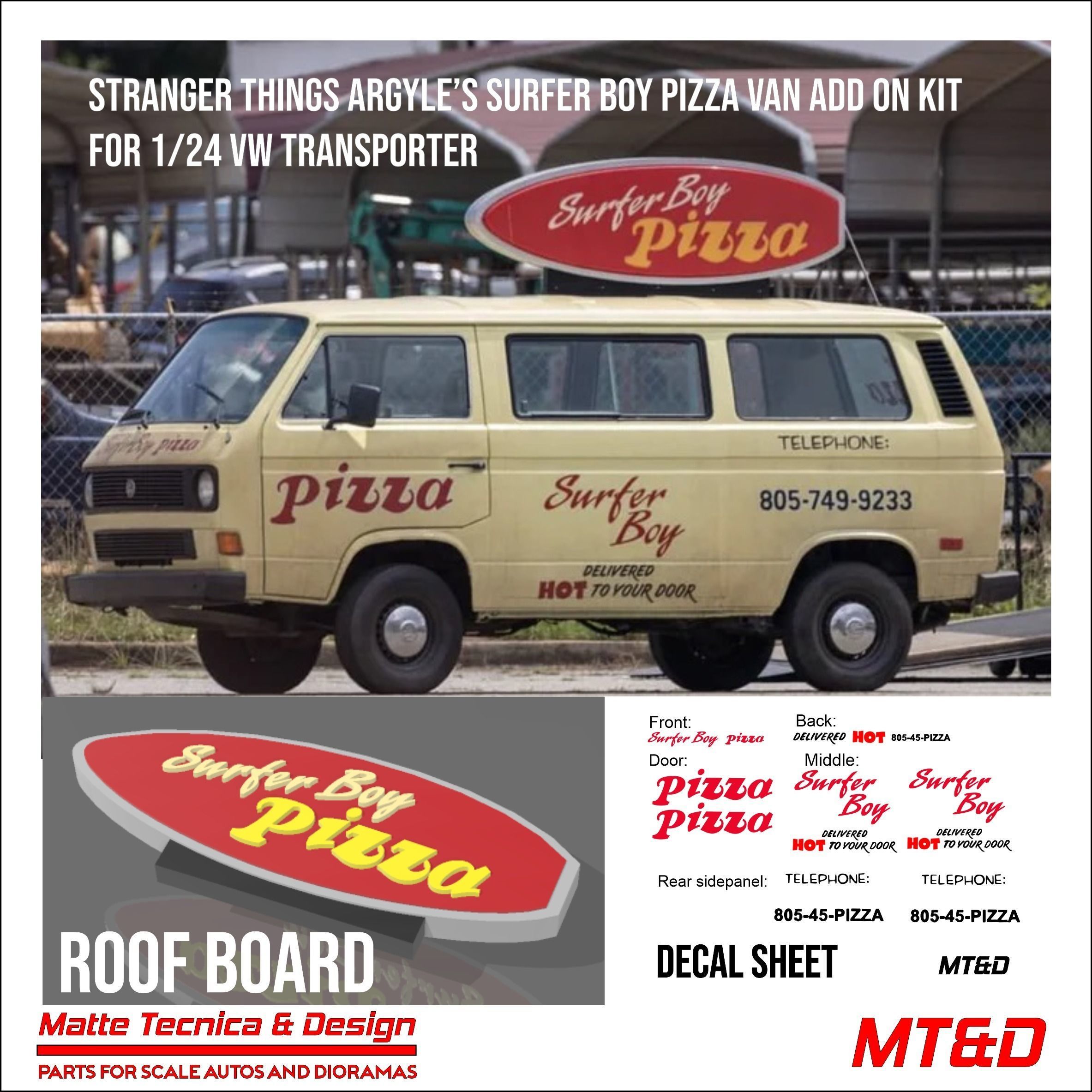 Surfer Boy Pizza board add on for scale autos with decal files 3D model