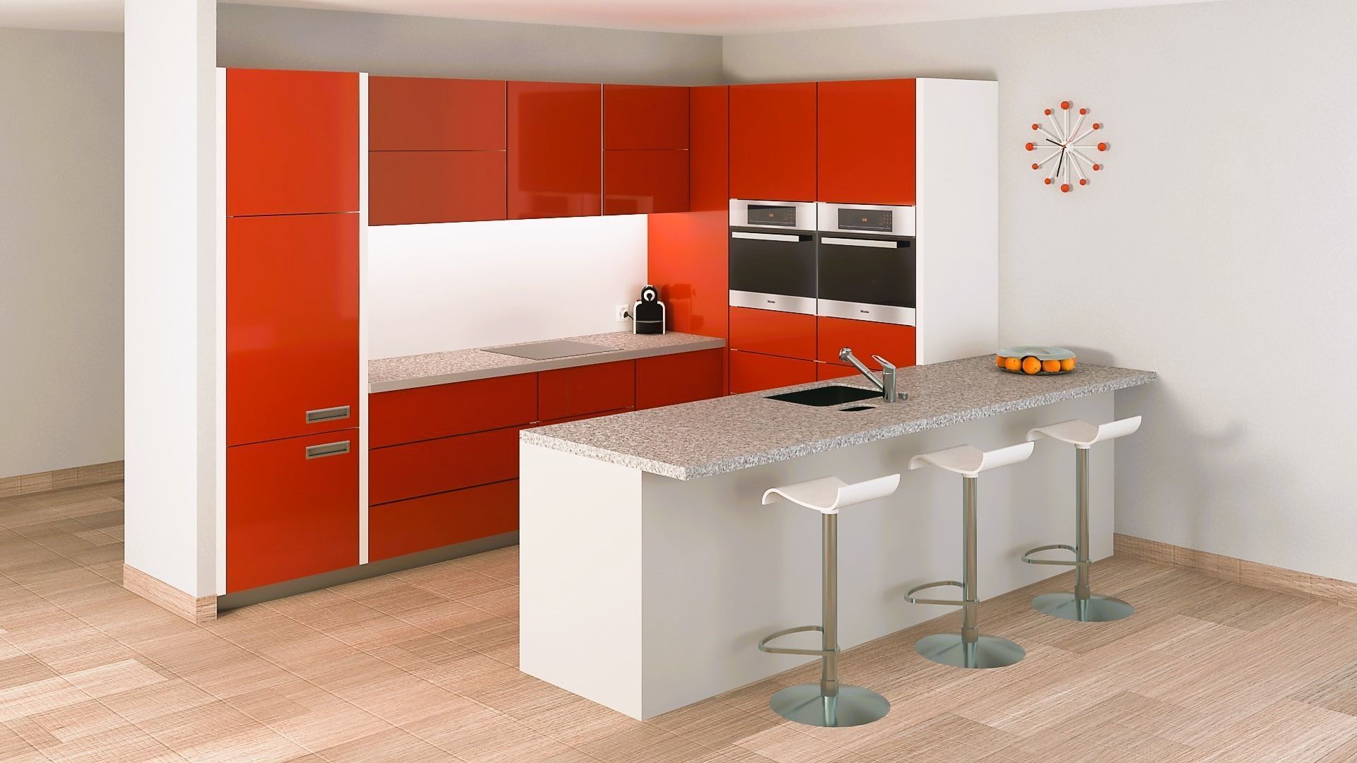 Open modern red kitchen set with a bar 3D model CGTrader
