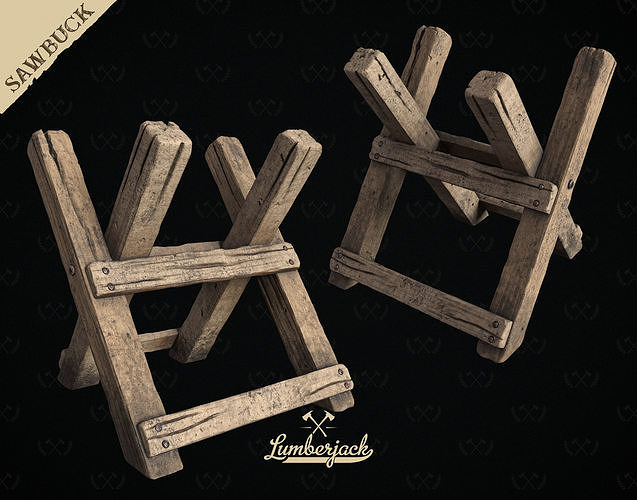 Sawbuck Wood Cutting Table Diorama and Miniature Lumberjack 3D