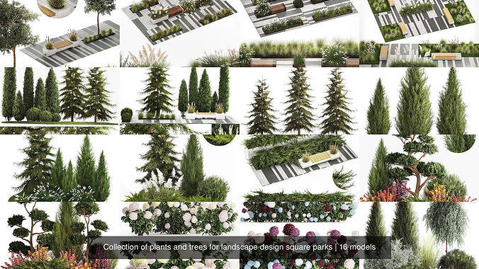 Collection of plants and trees for landscape design square parks | CGTrader