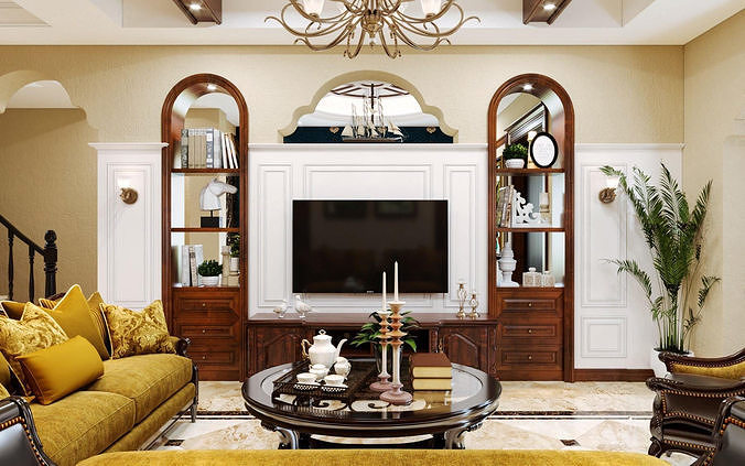 American style villa interior design 3d model