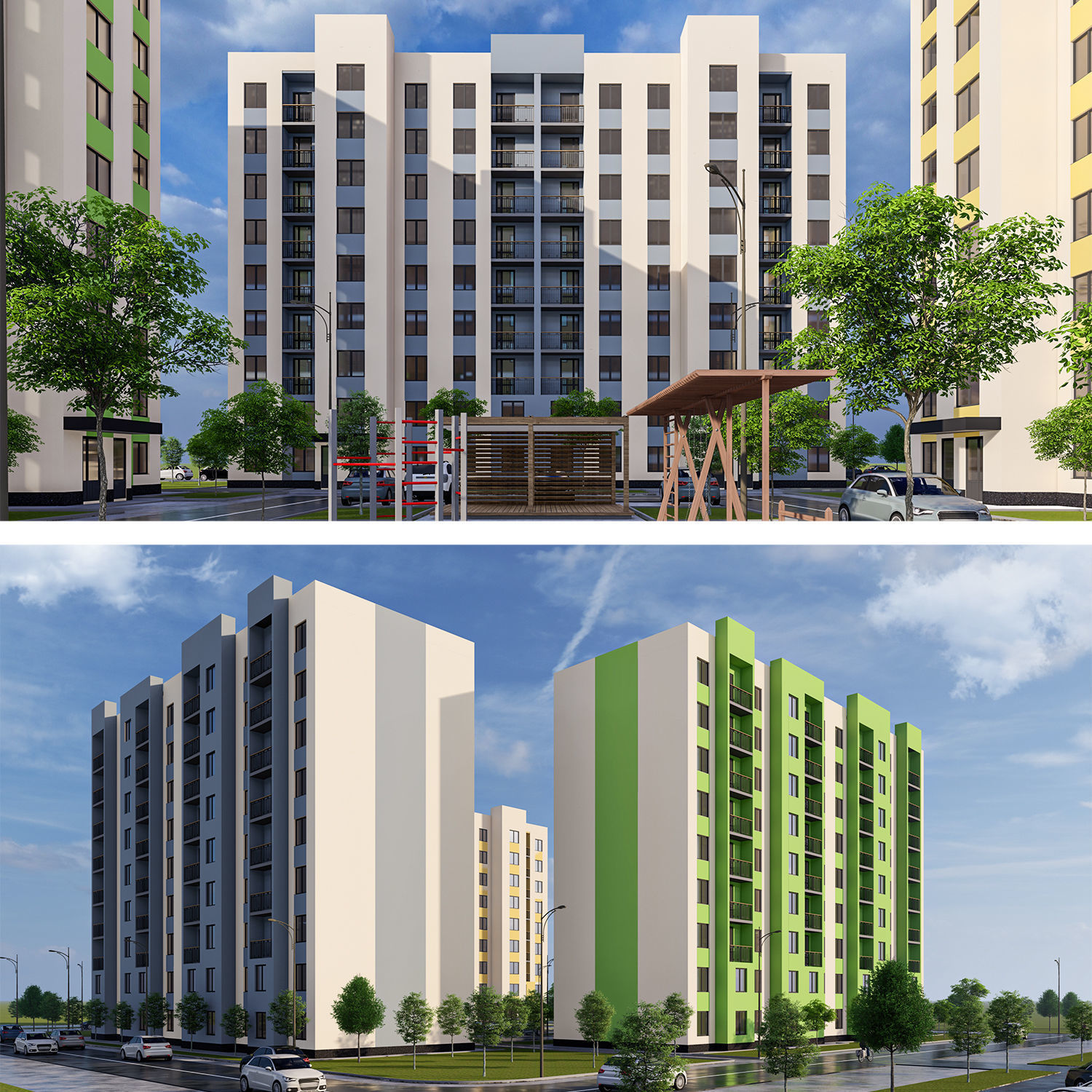 3D model Modern 9-storey residential building and Landscape VR / AR ...