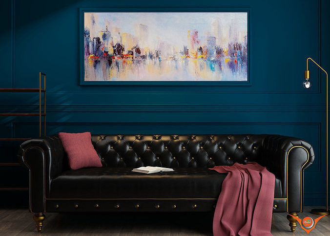 Black living room with Black leather sofa luxury interior 3D model