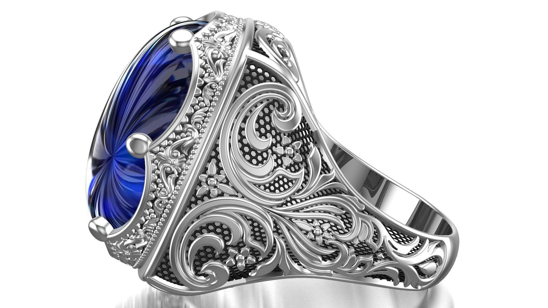 Turkish Ottoman King Crown Blue Sapphire Gents Ring 3D model 3D