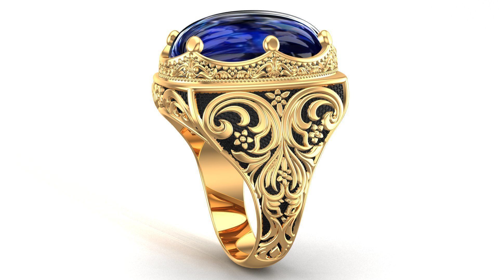 Turkish Ottoman King Crown Blue Sapphire Gents Ring 3D model 3D