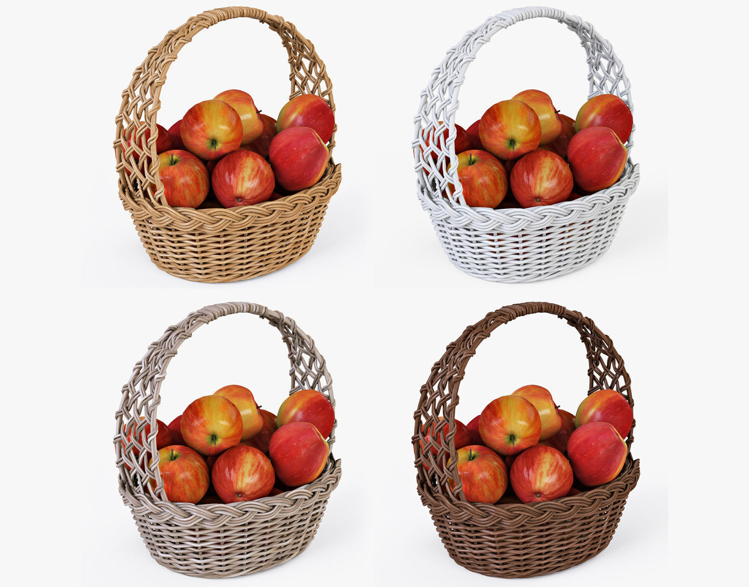 Wicker Basket 09 Set 4 Color with Apples 3D model
