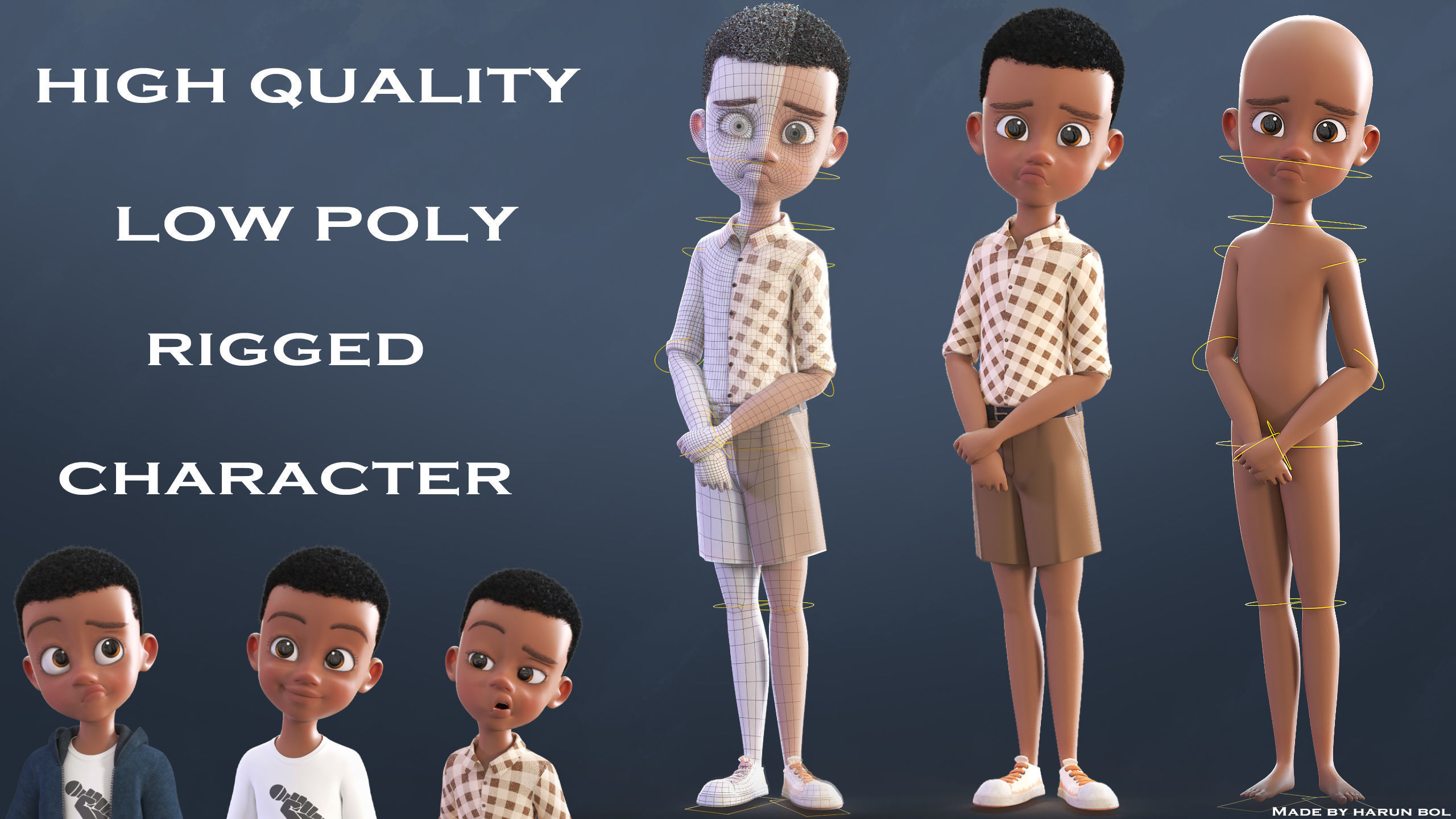 Cartoon Afro Boy 2 - Toon Rigged Child Character Maya 3D model rigged ...