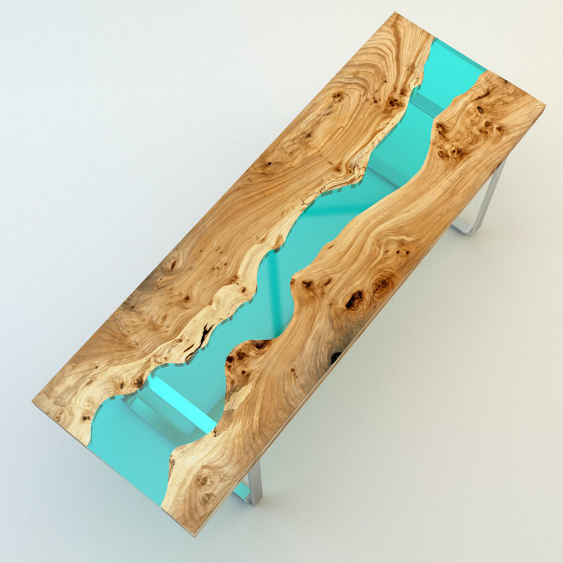 Wood table Embedded with Glass Rivers 3D model CGTrader