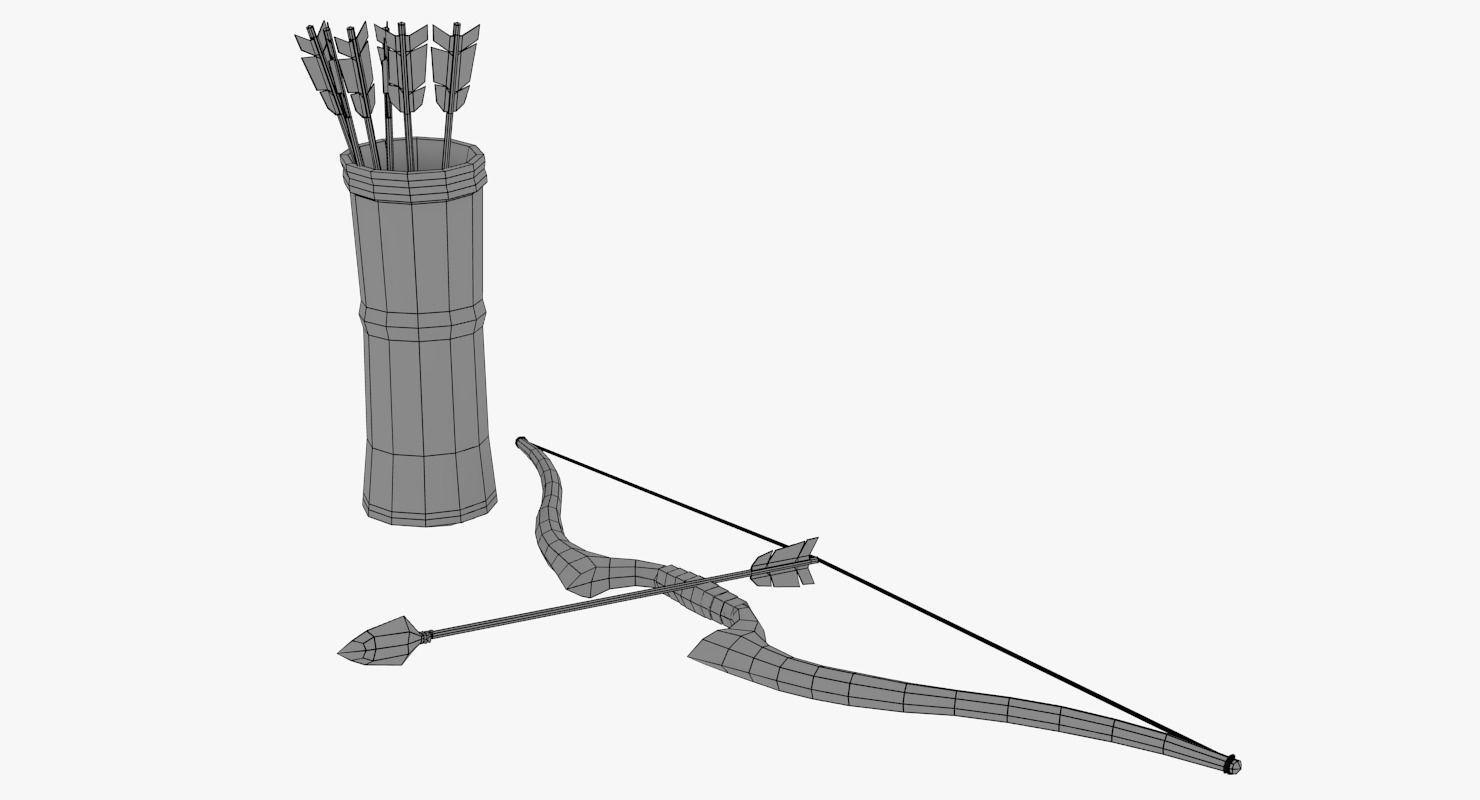 3D model Low poly arrow quiver and bow VR / AR / lowpoly rigged