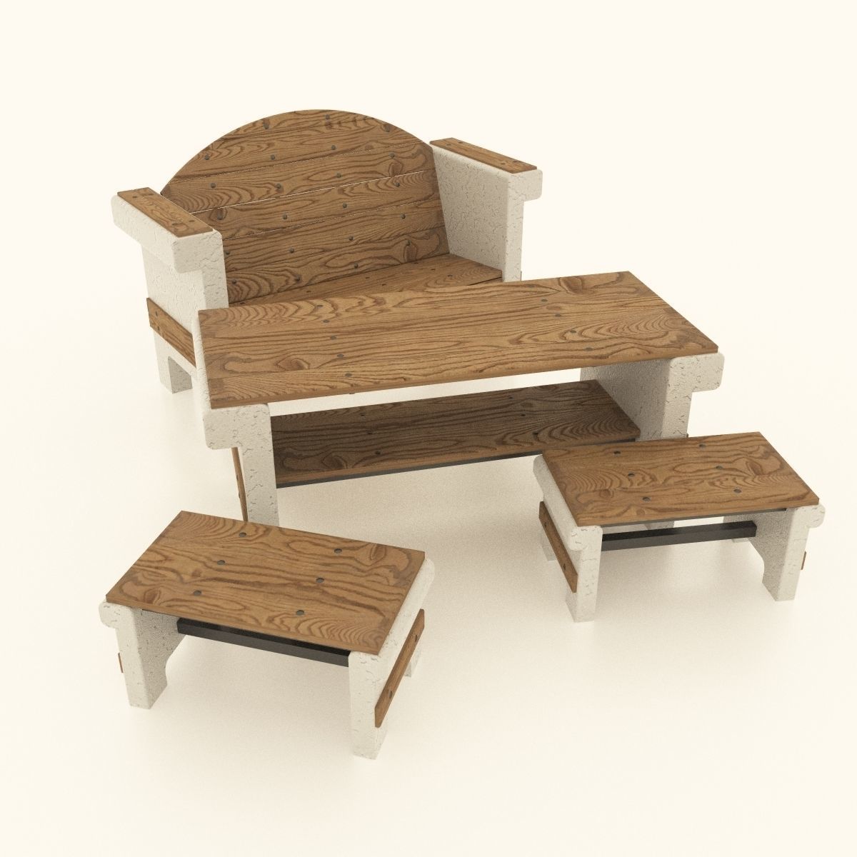 set of garden furniture made of concrete and wood Low-poly  3D model