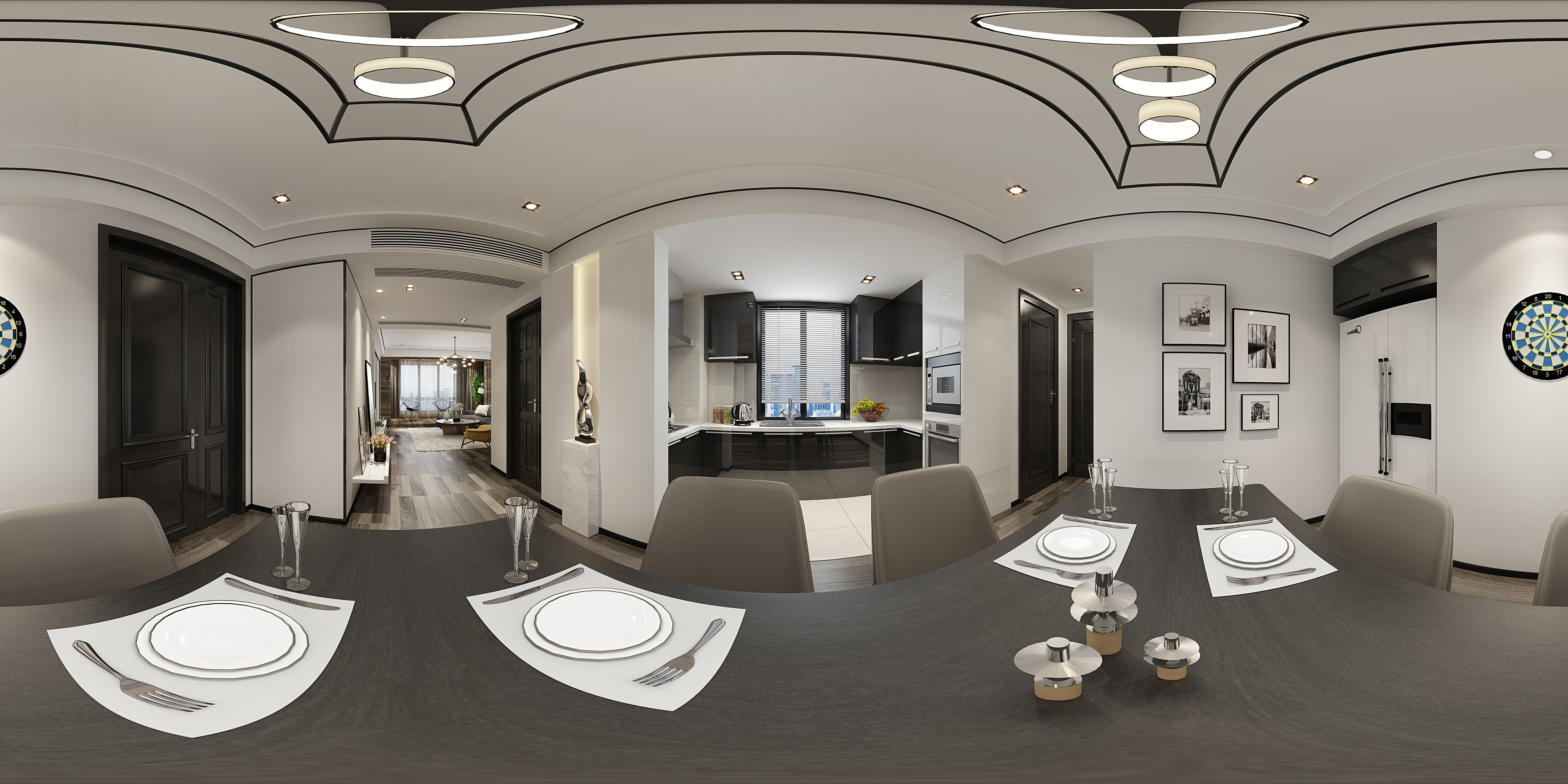 panoramic contemporary style dining room kitchen space 01 3d model max