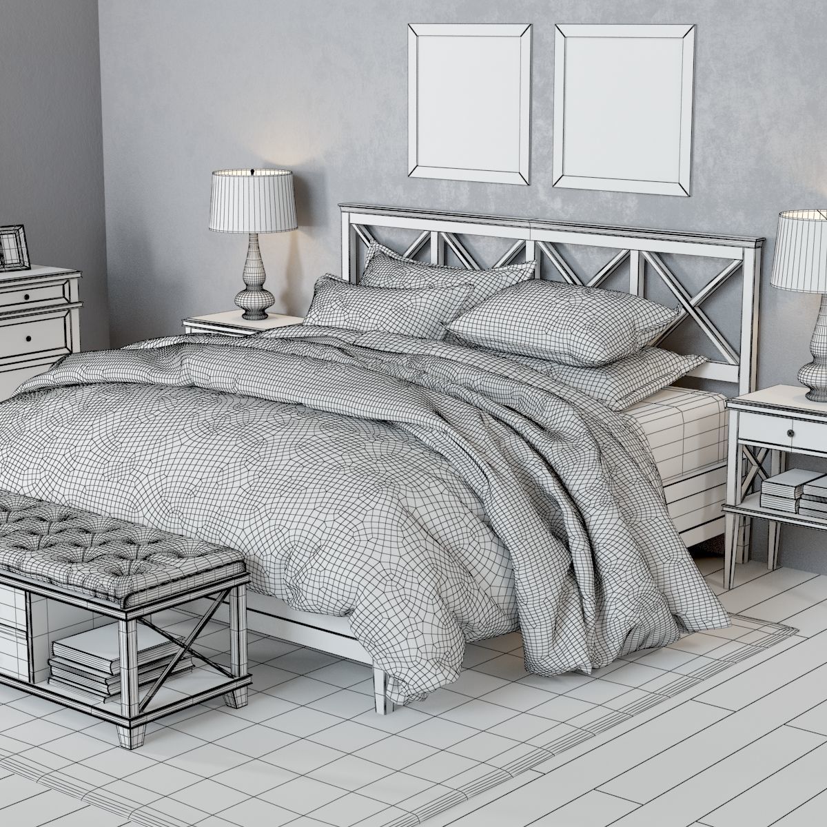 Pottery Barn Clara Lattice White Bedroom set 3D model CGTrader