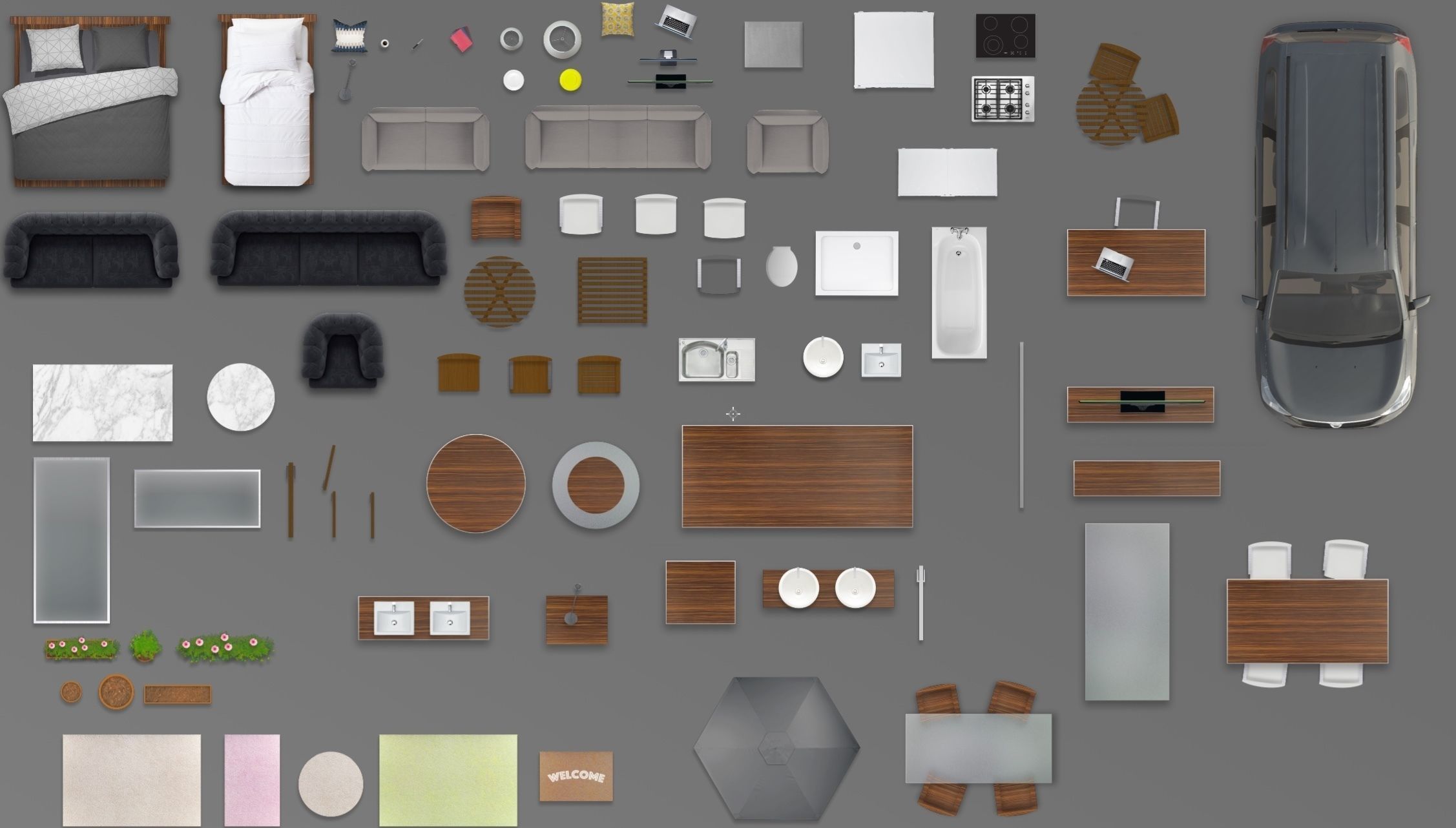 2d Furniture Floorplan Top View PSD 3D Model Render Black
