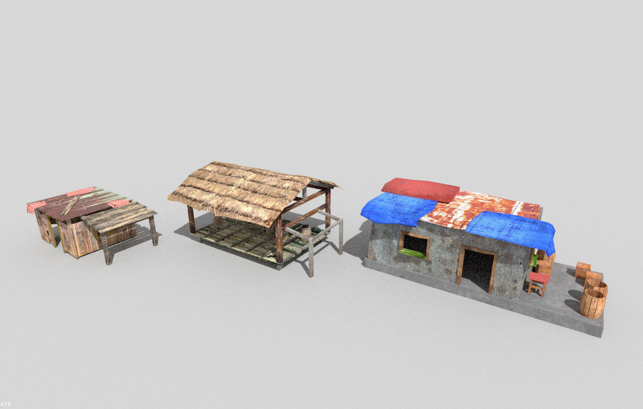 3 low poly beach huts pack