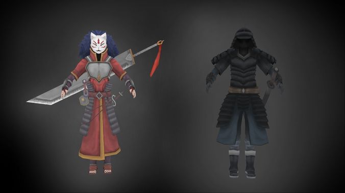3d asset dual character ninja hero and dark samurai