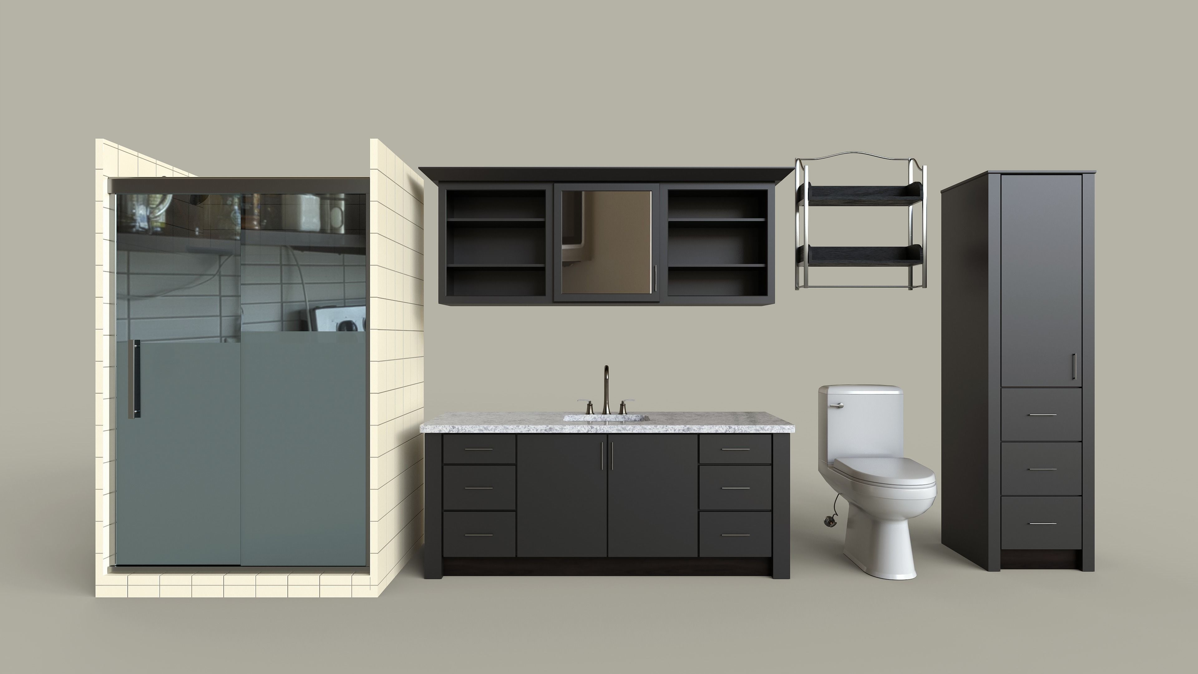 Dark Modern Bathroom Set Low-poly  3D model