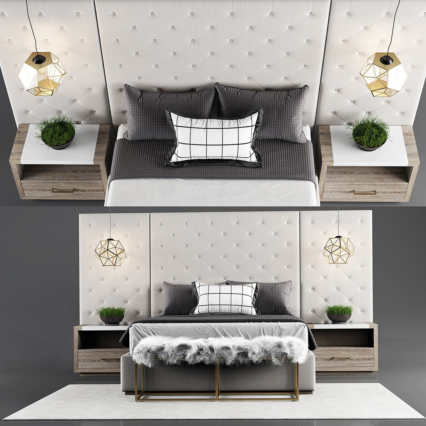 Thyne Upholstered Queen Bed With Wall Panels 3d Model