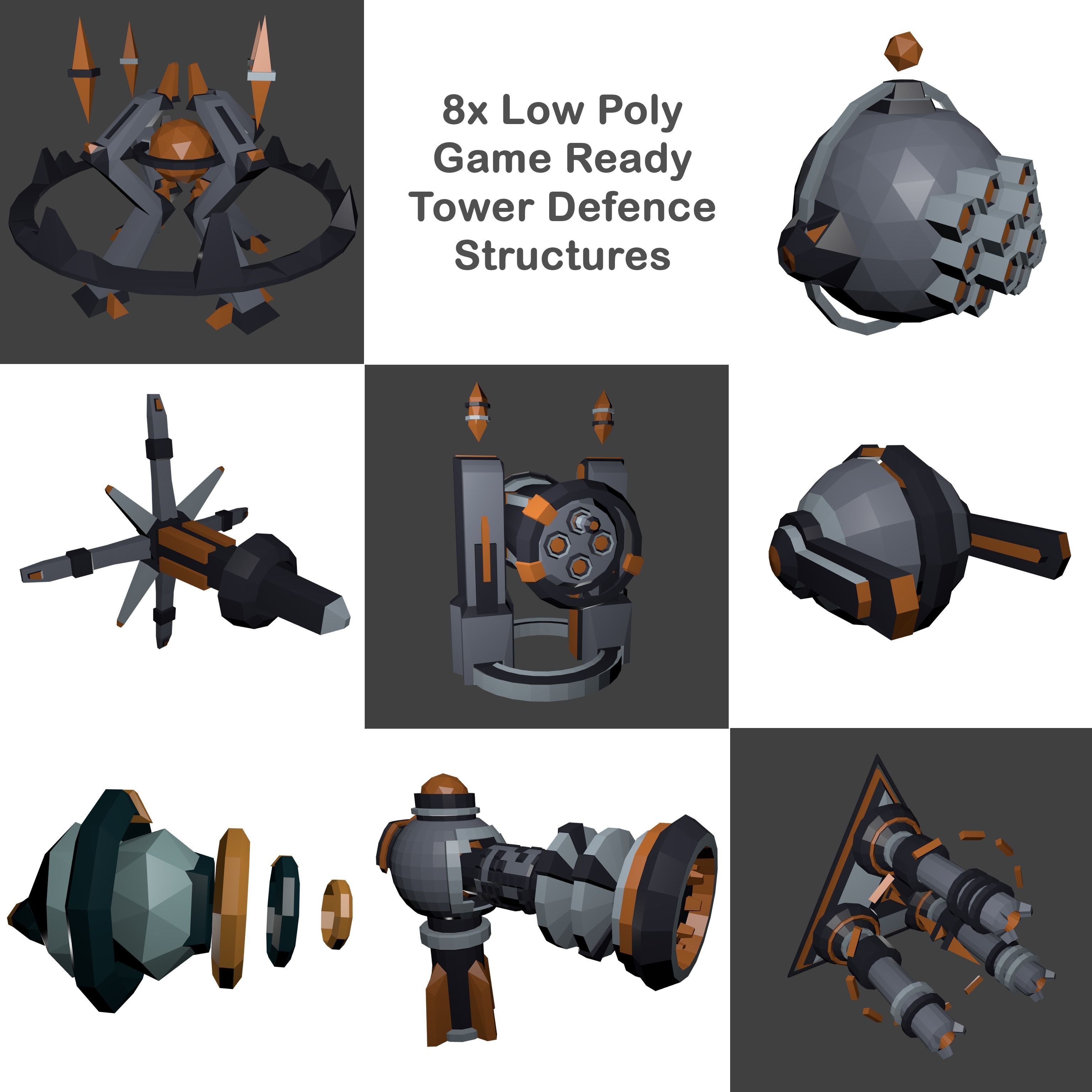 8x Low-Poly Tower Defence Models and Base - Game ready