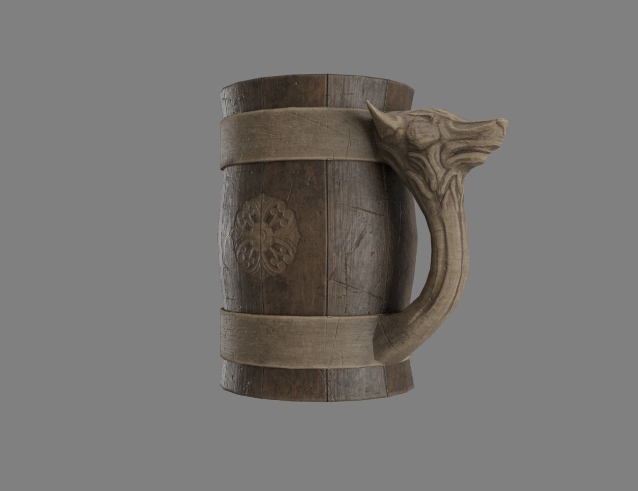 Wooden Historic Tankard with Wolf Low-poly  3D model