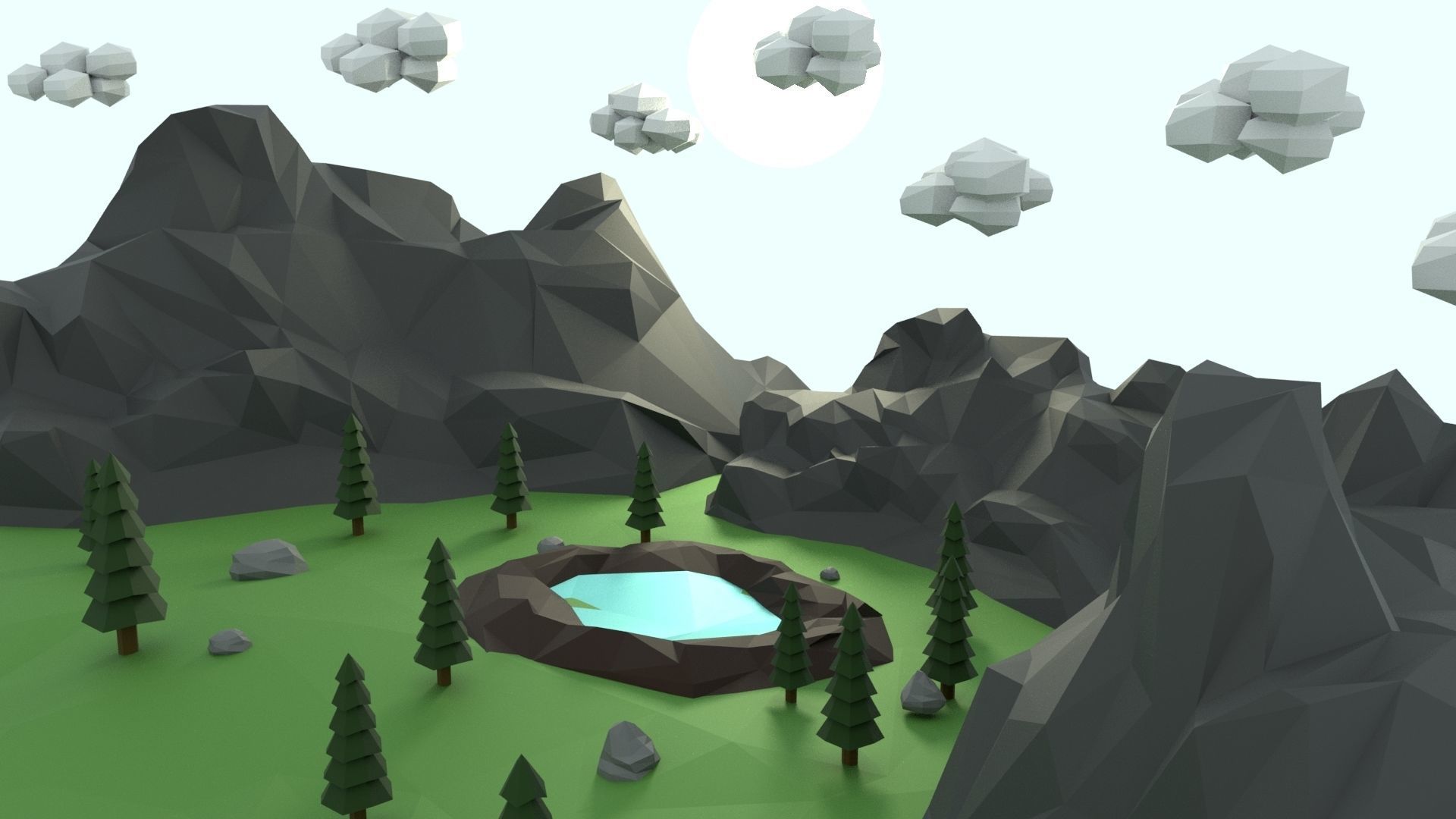 Low Poly Mountain with Crater Lake Scene